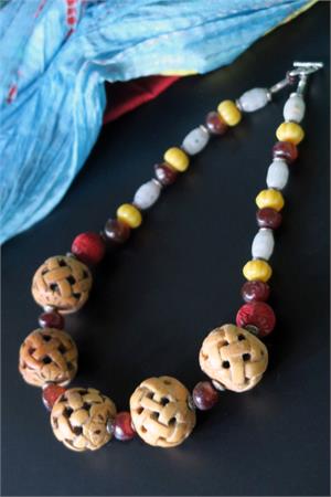 Carved Bone, Cinnabar, and Jade Necklace Ethnic Jewelry Necklace