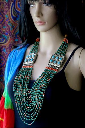 Long Tibetan necklace of turquoise and coral Tibetan necklace from Nepal