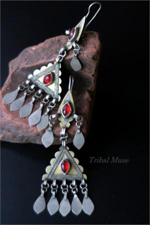 Vintage Turkmen tribal jewelry dangle earrings Long Turkoman earrings